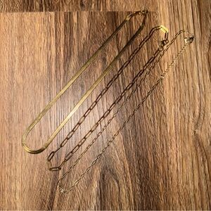 Gold Plat Flat Snake & Paperclip Chain Necklace Stack Set